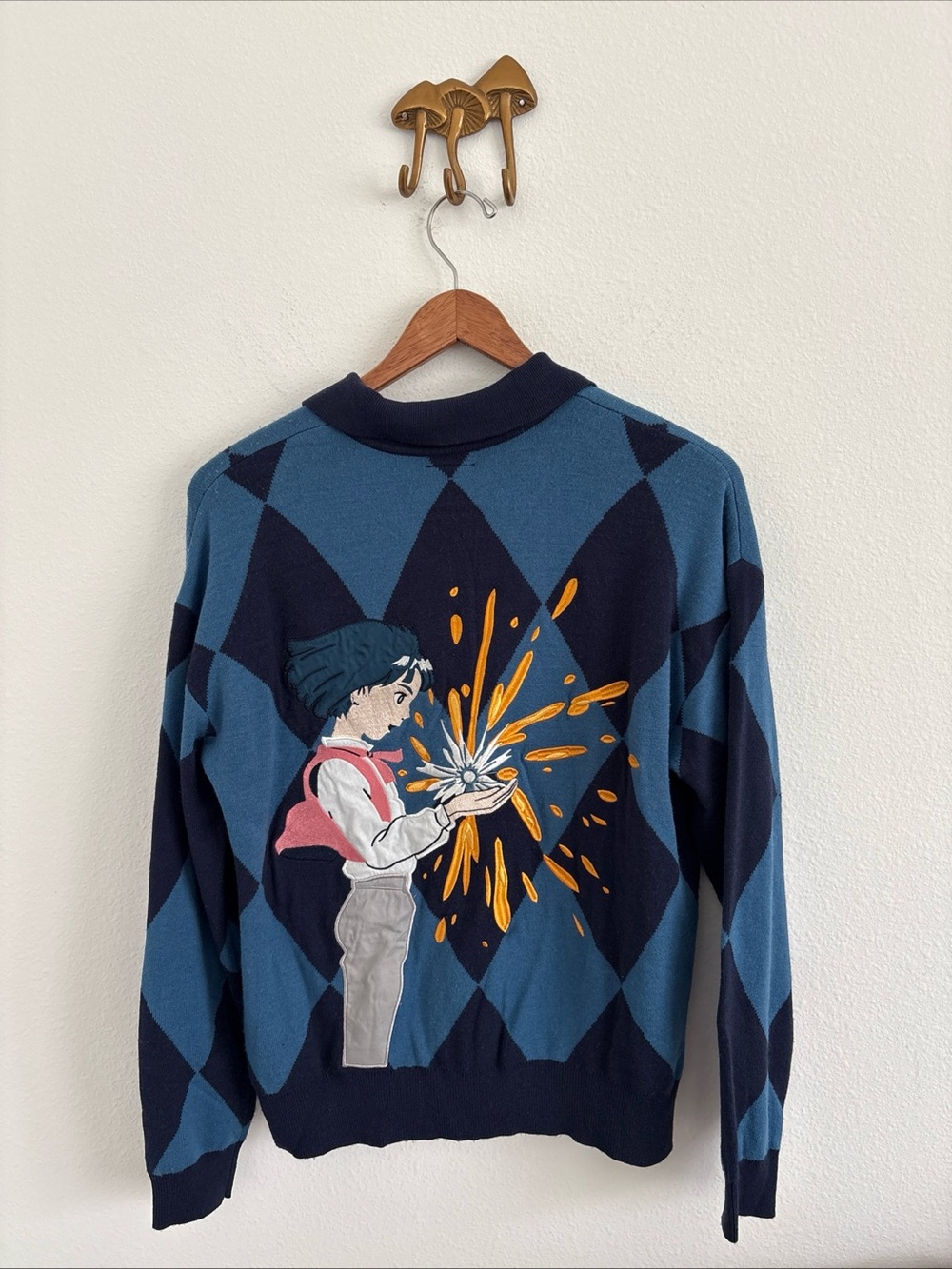 Howl's Moving Castle Blue Argyle Button Knit Cardigan Studio Ghibli Size M